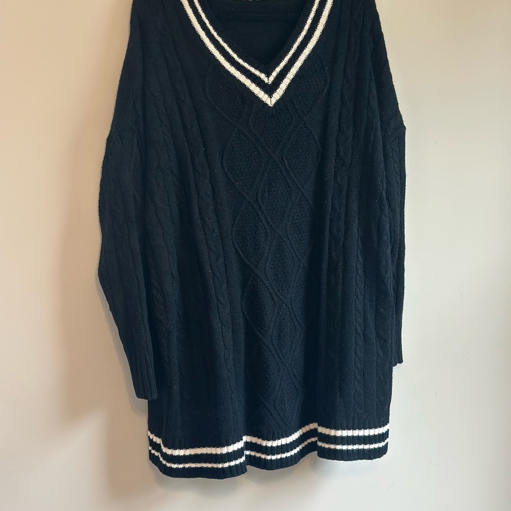 Black and White V-Neck Cable Knit Sweater dress
